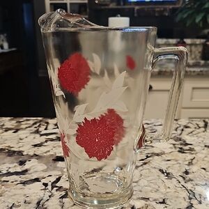 Glass Pitcher W/ Red Hydrangeas